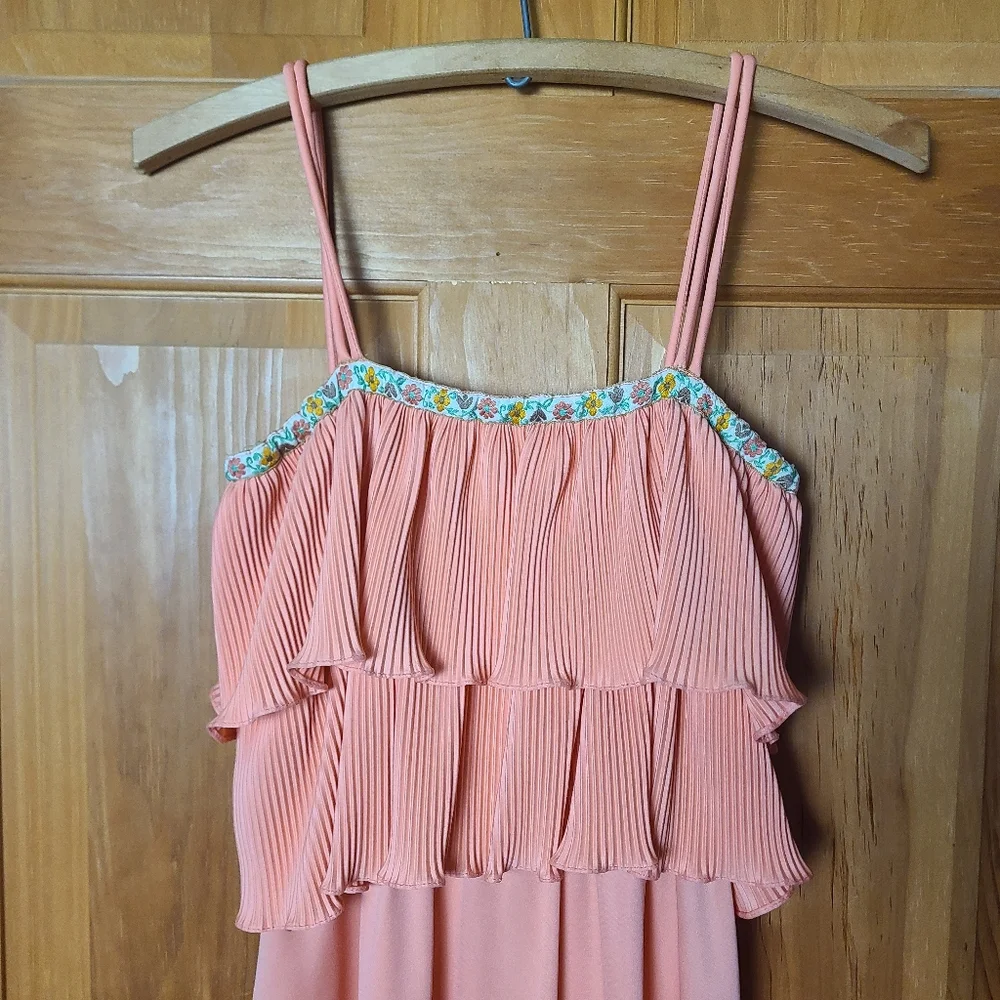 Vintage 70s Peach Pleated Midi Dress Floral Embroidered Trim Boho Prairie - Picture 7 of 16